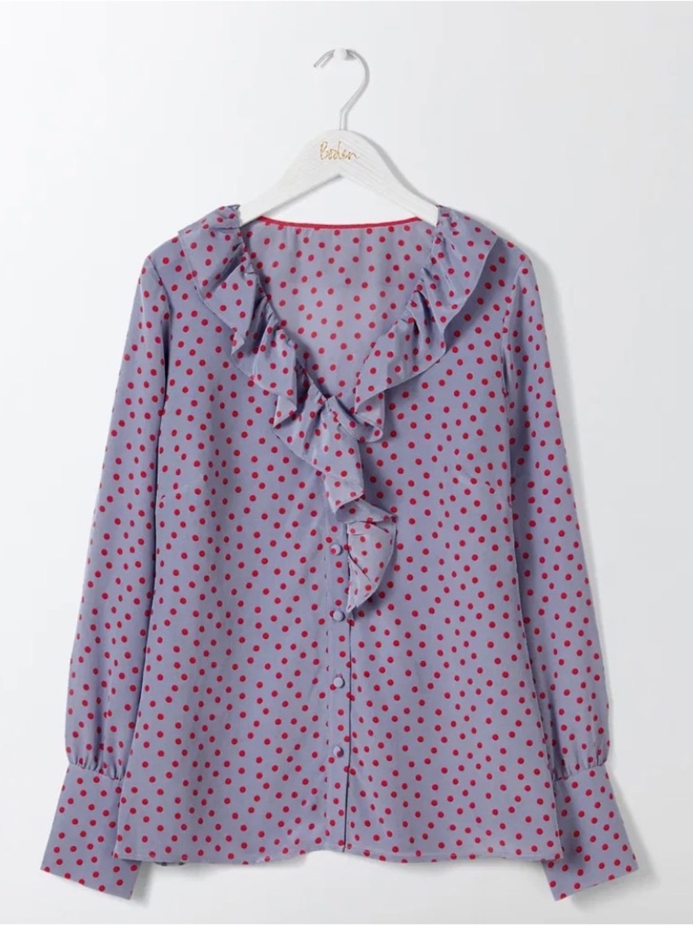 Boden Silk Lavender Blouse with Red Polka Dots and Ruffle Neck